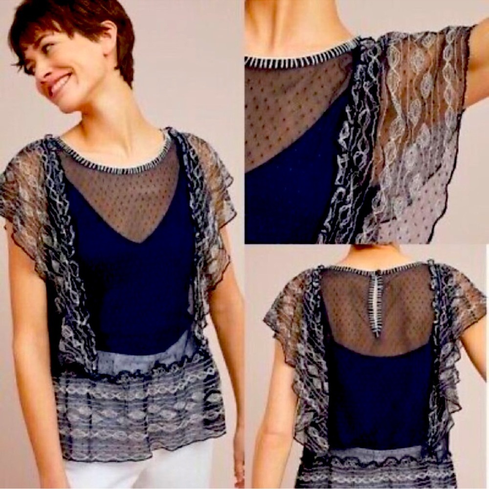 Anthropologie Meadow Sloane Dotted Navy Lace Top